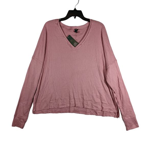 Wild Fable Rib Tunic Oversize XL Long Sleeve Mauve Pink VNeck Boxy Side Slit Top - Picture 1 of 13